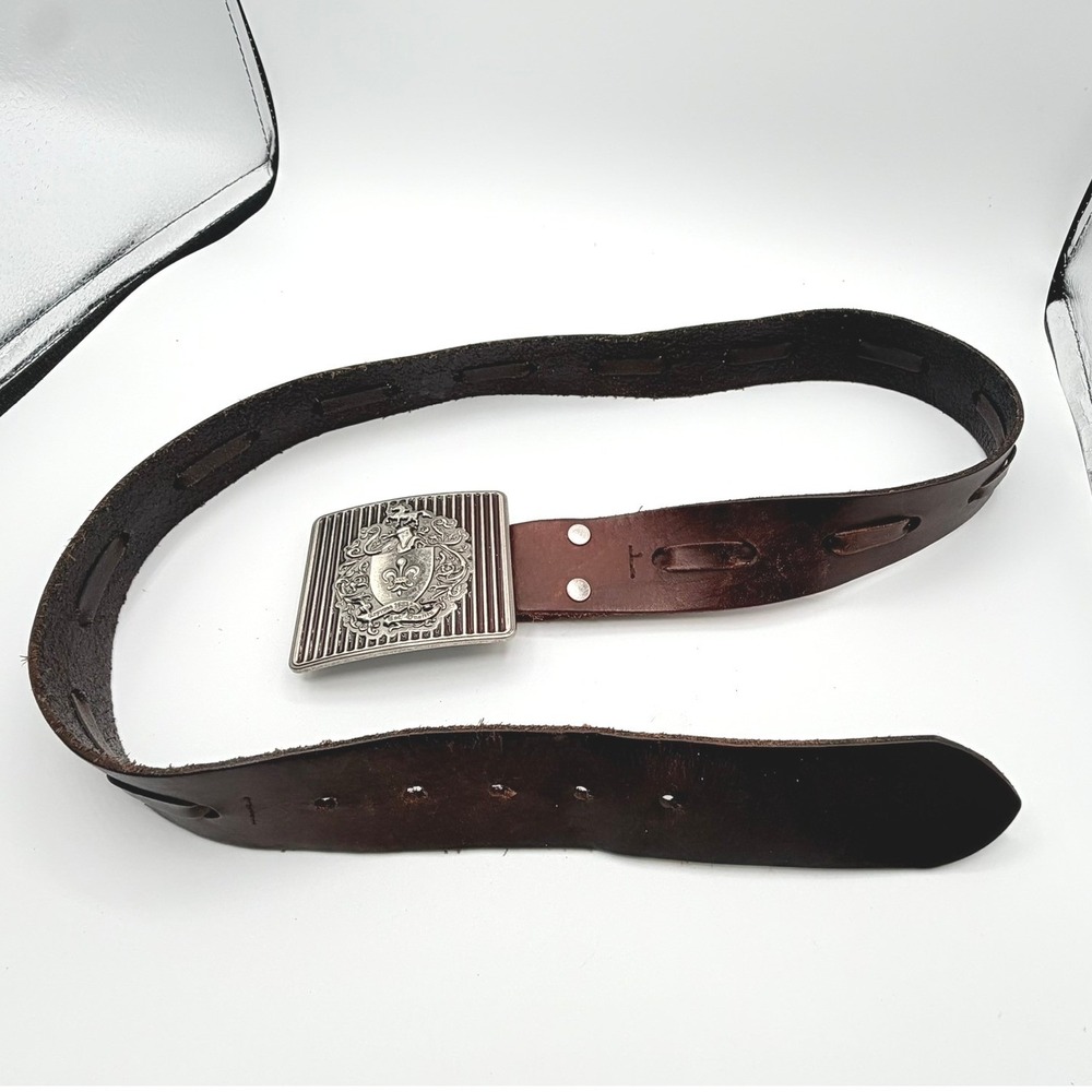 Express Mens Brown Leather Belt Silver Crest Buckle Fleur De Lis Size 34 Vintage
